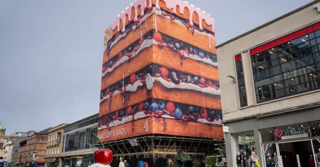 Un bâtiment habillé… en gâteau géant pour la promotion d’une émission